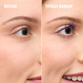 Before and after close-up showing Benefit mascara in Electric Purple shade, with lashes visibly more lifted and coloured after application.