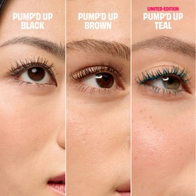 Benefit Pump'd Up Mascara shade comparison showing Black, Brown, and limited-edition Teal on lashes, highlighting curl and volume