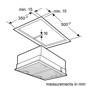 Neff Canopy Cooker Hood installation diagram showing ceiling cutout dimensions: 350mm x 500mm opening with 16mm depth, measurements in mm.