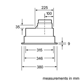 Neff Canopy Cooker Hood technical dimension diagram showing measurements in mm: 380 wide, 346 depth, 35 and 9 height details.