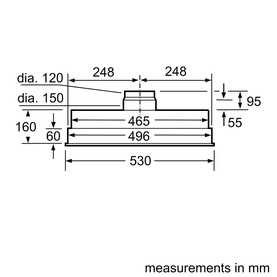 Neff Canopy Cooker Hood technical dimension diagram showing measurements in mm, width 530mm, depth 496mm, height 160mm.