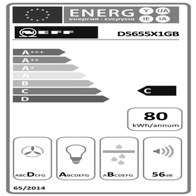 Neff D5655X1GB Canopy Cooker Hood EU energy label, rated C, 80 kWh/annum, 56dB noise level, efficiency class 65/2014