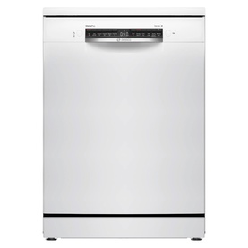 Bosch freestanding dishwasher in white with digital control panel and display across the top fascia