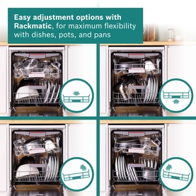 Four-panel image showing dishwasher Rackmatic upper basket adjustment options for flexible loading of dishes, pots, and pans