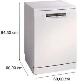 White freestanding dishwasher with dimension annotations: 84.50 cm height, 60.00 cm width, 60.00 cm depth