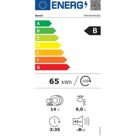 Bosch SMS4EM6086G energy label showing B rating, 65kWh, 14 place settings, 9L water use, 3h35m cycle time.