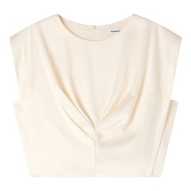 Sandro cream sleeveless cropped top with ruched front detail and open side cutouts, round neckline