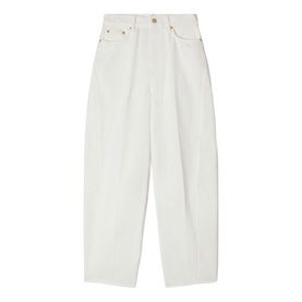 Sandro wide-leg jeans in clear white, high-rise with pleat detail and gold-tone hardware, laid flat