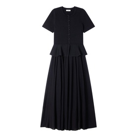 Sandro Peplum Flared Knitted Dress in black, maxi length with short sleeves, button fastening, peplum waist and flared skirt