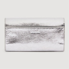 Sandro silver metallic crinkled leather foldover clutch wallet with envelope flap and logo detail.