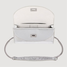 Sandro bag in silver-white with chain strap, silver hardware, open flap showing interior compartment and card slots.