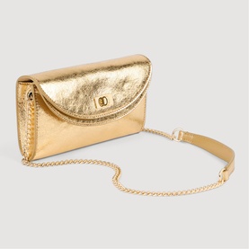 Sandro gold metallic envelope clutch bag with gold-tone chain strap and circular logo clasp closure