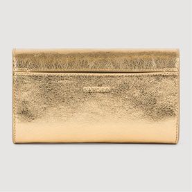 Sandro gold metallic leather continental wallet with flap closure and embossed logo detail
