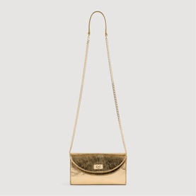 Sandro yellow metallic gold envelope clutch bag with chain shoulder strap and gold-tone twist-lock closure