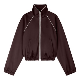 Sandro brown zip-up track jacket with white piping detail, elasticated cuffs and hem, funnel neck