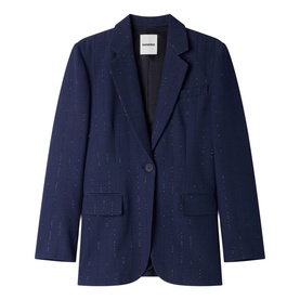 Sandro dark navy blazer with subtle speckled texture, notch lapel, single button fastening and flap pockets