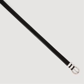 Sandro black leather belt with silver-tone oval buckle and stripe detail, shown flat on white background