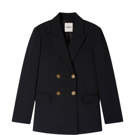 Sandro black double-breasted blazer with gold buttons, notch lapel, and flap pockets