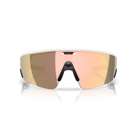 Oakley white shield-style sunglasses with rose gold mirrored lens and black nose bridge, front view