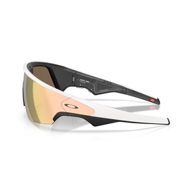 Oakley white shield-style sunglasses with black frame accents, rose gold mirrored lens and red detail on temple tip