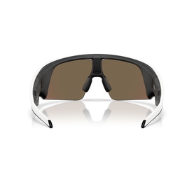 Oakley sunglasses in white, rear view showing wrap-around frame with dark tinted shield lens and black top frame.