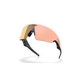 Oakley sunglasses with black frame, wraparound shield design, and rose gold mirrored lens