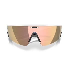 Oakley white wraparound shield sunglasses with rose gold mirrored visor lens and black rubber nose pads, front view.