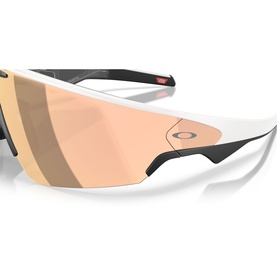 Oakley white wrap-around sunglasses with gold mirrored shield lens, black temples, and Oakley logo detail