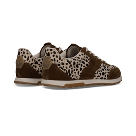 Salamander brown suede and leopard print pony hair trainers with gum sole, shown from rear three-quarter angle