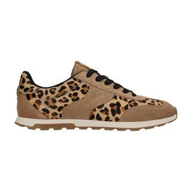 Salamander brown leopard-print pony-hair lace-up trainer with tan suede panels and gum sole