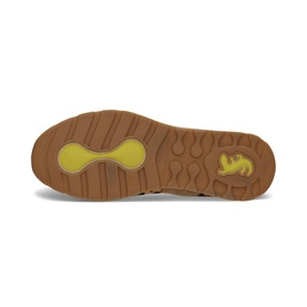 Salamander brown women's shoe sole view, featuring tan rubber outsole with yellow arch detail and textured tread pattern.