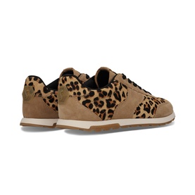 Salamander brown leopard-print pony hair and suede trainers with cream sole, heel and three-quarter angle view