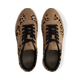 Salamandar brown suede and leopard print trainers with black laces, viewed from above, tan rubber sole visible at heel