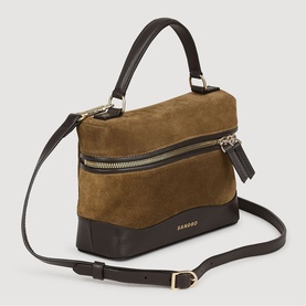 Sandro Tangolino Leather & Suede Vanity Bag in khaki and dark brown, gold-tone zip, top handle and detachable shoulder strap