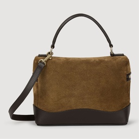 Sandro Tangolino Leather & Suede Vanity Bag in tan suede with dark brown leather base, gold-tone hardware, top handle and detachable shoulder strap.