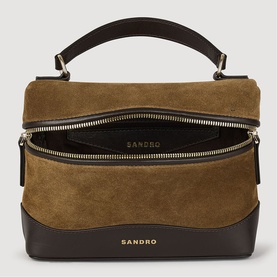 Sandro Tangolino Leather & Suede Vanity Bag in khaki and dark brown, open showing interior, silver zip, top handle, silver-tone hardware