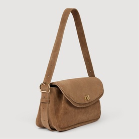 Sandro Le Mambo Suede Shoulder Bag in tan with gold-tone hardware, double flap, swivel clasp, and adjustable shoulder strap