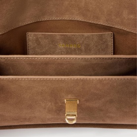 Sandro Le Mambo Suede Shoulder Bag in tan, interior view showing suede lining, card slots, and gold-tone swivel clasp hardware.