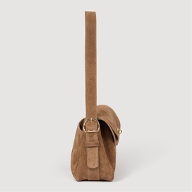 Sandro Le Mambo Suede Shoulder Bag in clear tan suede, side view showing gold buckle hardware and adjustable strap