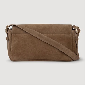 Sandro Le Mambo Suede Shoulder Bag in tan, back view, showing rear pocket, gold-tone hardware and adjustable crossbody strap