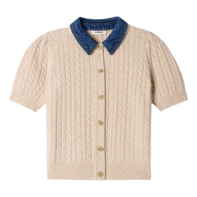 Sandro cable-knit cardigan in clear with denim collar, short puff sleeves, and gold-tone buttons