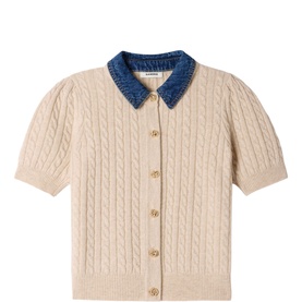 Denim Collar Cable Knitted Cardigan