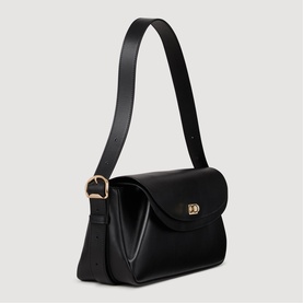 Sandro Le Mambo Leather Shoulder Bag in black with gold-tone swivel clasp, double flap, and adjustable shoulder strap with branded buckle.