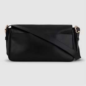 Sandro Le Mambo Leather Shoulder Bag in black smooth leather, double flap, gold-tone branded buckles and adjustable shoulder strap