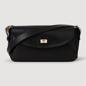 Sandro Le Mambo Leather Shoulder Bag in black with gold swivel clasp, double flap, and adjustable shoulder strap