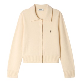 Sandro cream knit cardigan with polo collar, zip front, ribbed hem, and small logo emblem at chest