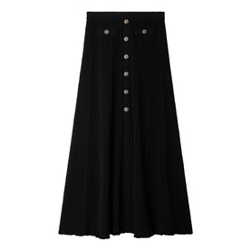Sandro black midi skirt with single-breasted button front placket and pleated A-line silhouette