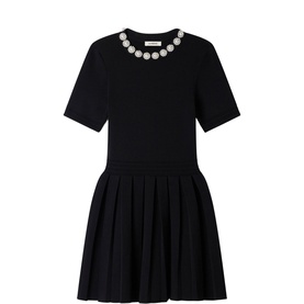 Sandro Womens French Dress in black with embellished disc neckline detail and pleated drop-waist skirt