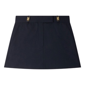 Sandro navy blue mini skirt with gold chain-link belt detail, two front pockets, A-line silhouette, flat lay view