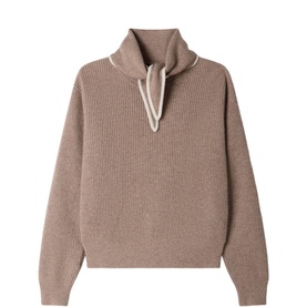 Sandro brown ribbed knit jumper with funnel neck and contrast cream drawstring tie detail